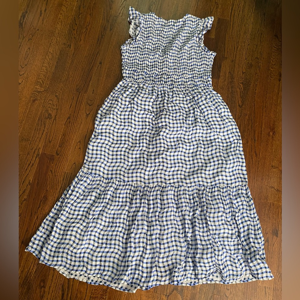 Anthropologie- Peregrine Blue and White Wavy Gingham Check Dress flutter sleeve - Picture 5 of 16